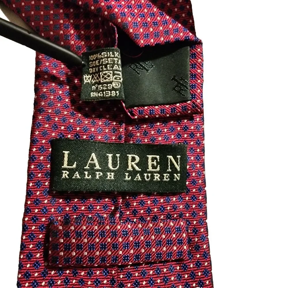 Lauren Ralph Lauren Mens Red Navy Blue Silk Geometric Diamond‎ Pattern Necktie
